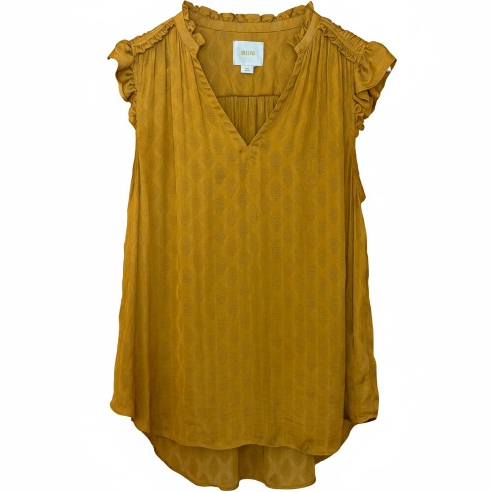 Maeve Anthropologie Mustard Yellow Ruffled V Neck Silky Sleeveless Blouse S
